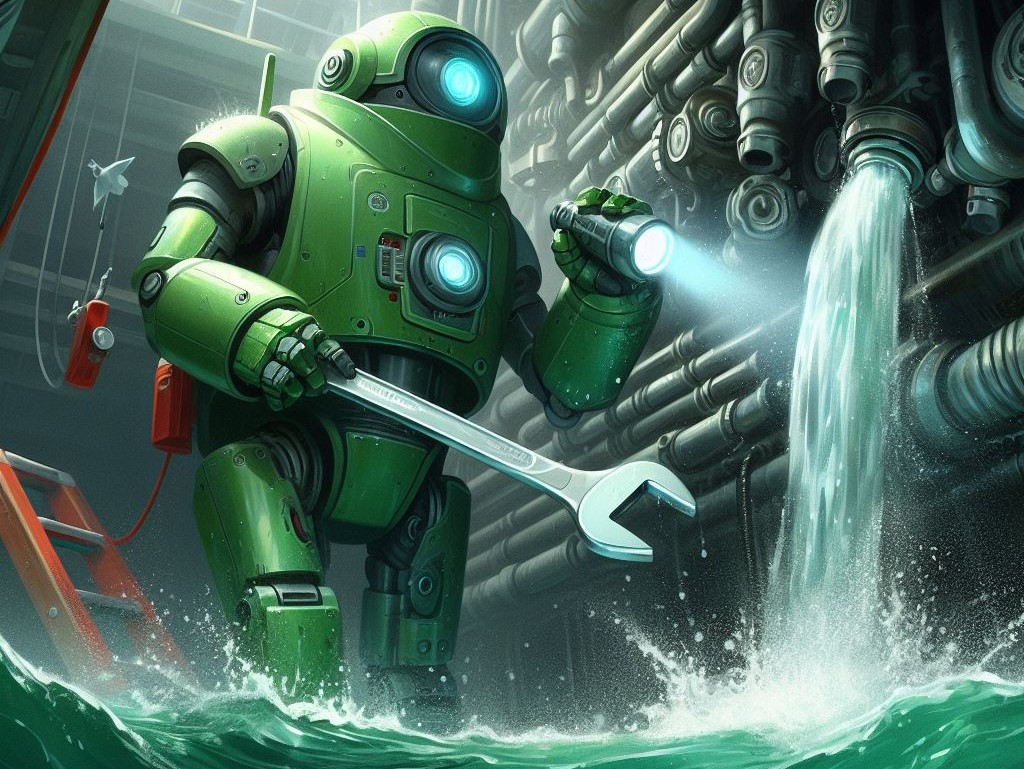 A green robot which is looking for a leak